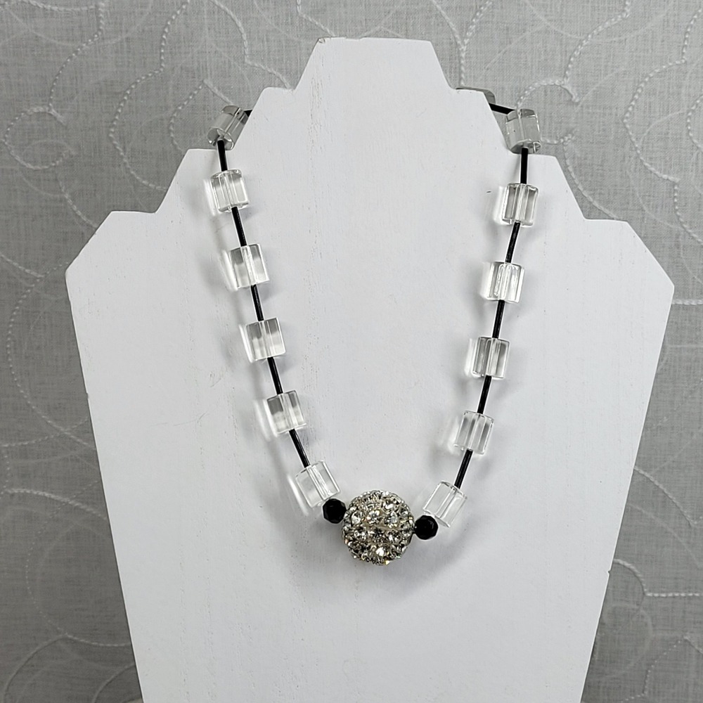 Rhinestone Ball Statement Necklace 17" Clear Acrylic Bead New Years Eve Vintage